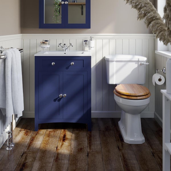 The Bath Co. Camberley close coupled toilet and navy vanity unit suite 600mm