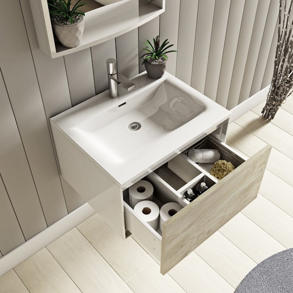 Mode Burton white & rustic oak wall hung vanity unit and basin 600mm with tap