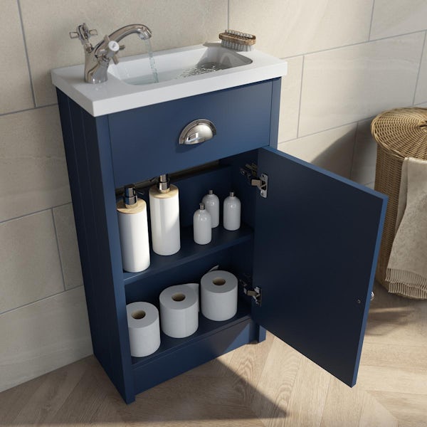Orchard Dulwich matt navy cloakroom unit and traditional close coupled toilet with oak seat