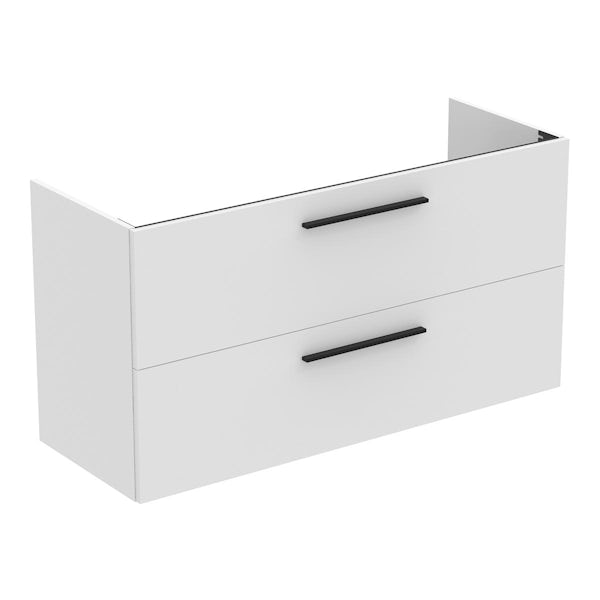 Ideal Standard i.life A matt white wall hung vanity unit with 2 drawers and black handles 1240mm