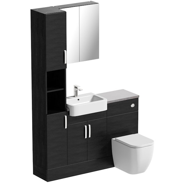 Reeves Nouvel quadro black tall fitted furniture & mirror combination with mineral grey worktop