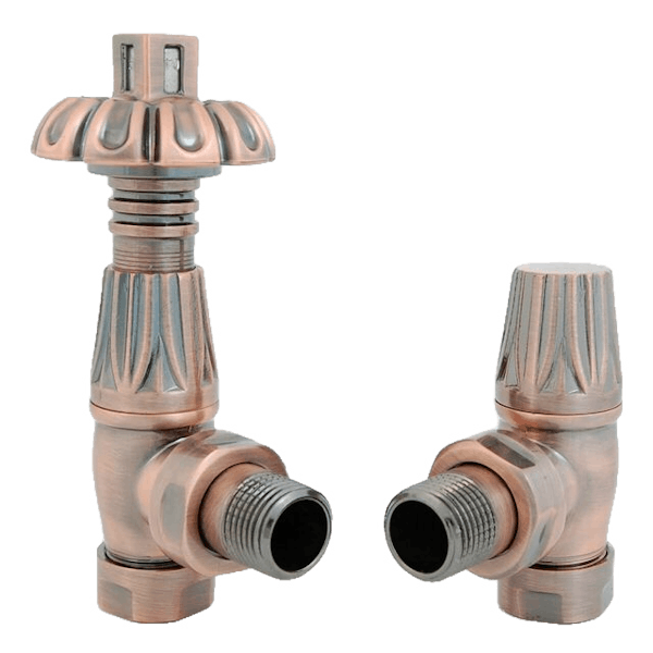 The Heating Co. Ornate thermostatic angled radiator valves with lockshield - antique copper