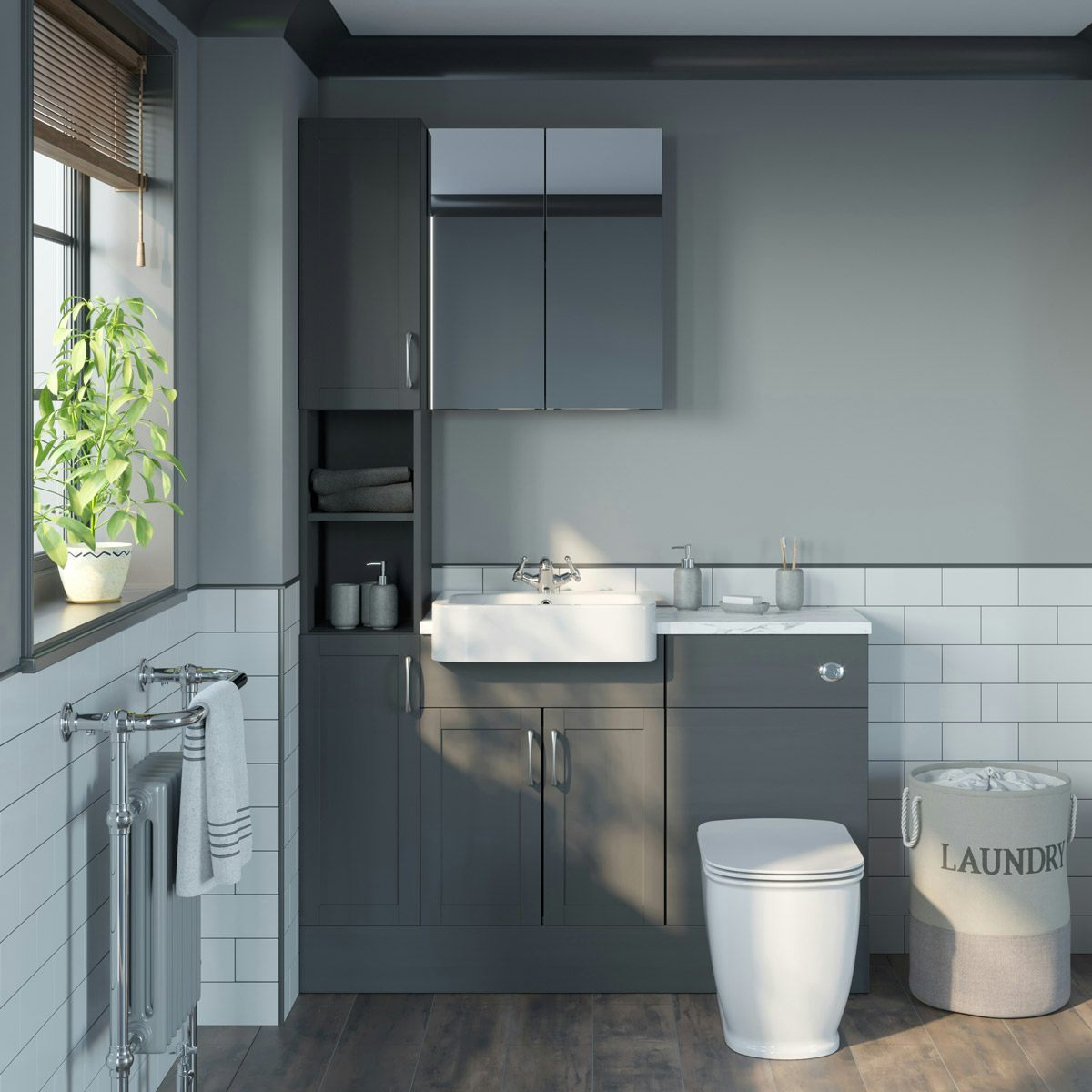 Reeves Newbury dusk grey tall fitted furniture & mirror combination with white marble worktop