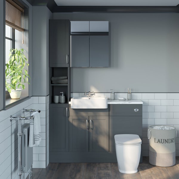The Bath Co. Newbury dusk grey tall fitted furniture & mirror combination with white marble worktop