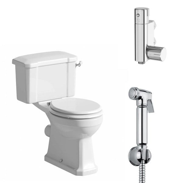 The Bath Co. Camberley close coupled toilet with douche kit and wooden soft close seat white