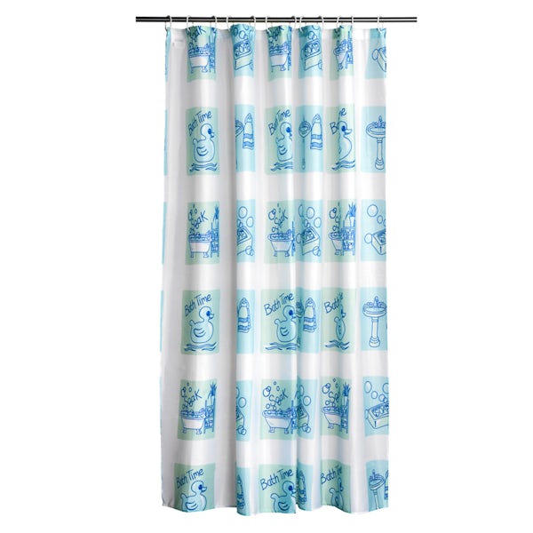 Bath time blue polyester shower curtain