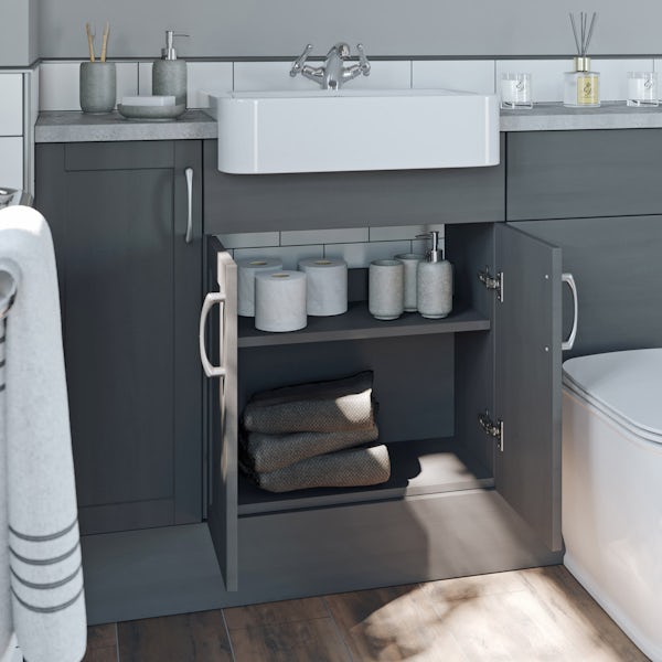 The Bath Co. Newbury dusk grey tall fitted furniture & mirror combination with mineral grey worktop