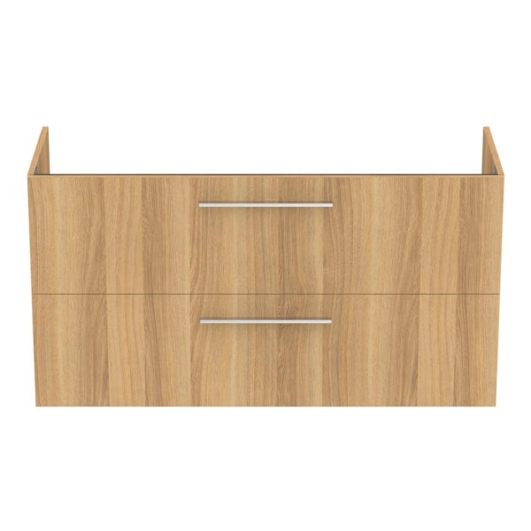 Ideal Standard i.life A natural oak wall hung vanity unit with 2 drawers and brushed chrome handles 1240mm