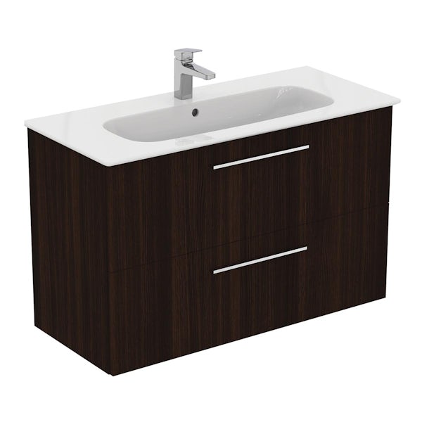 Ideal Standard i.life A coffee oak wall hung vanity unit with 2 drawers and brushed chrome handles 1040mm