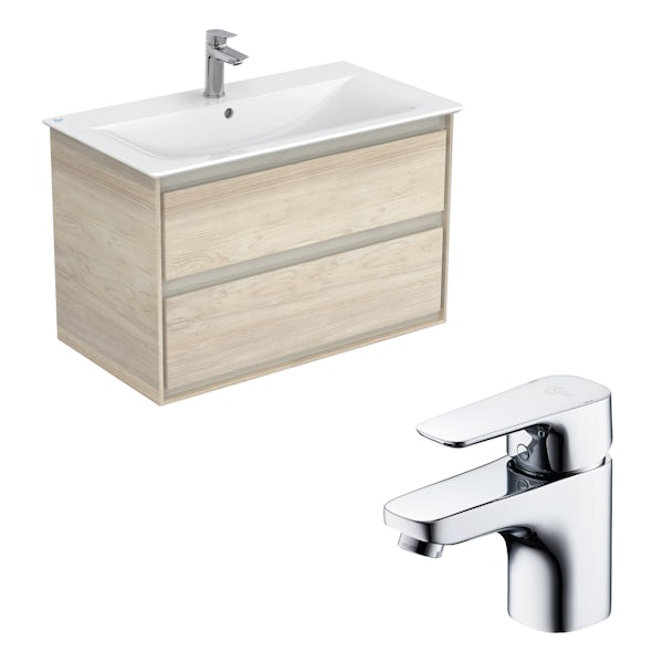Ideal Standard Concept Air wood light brown wall hung vanity unit and basin 800mm with free tap