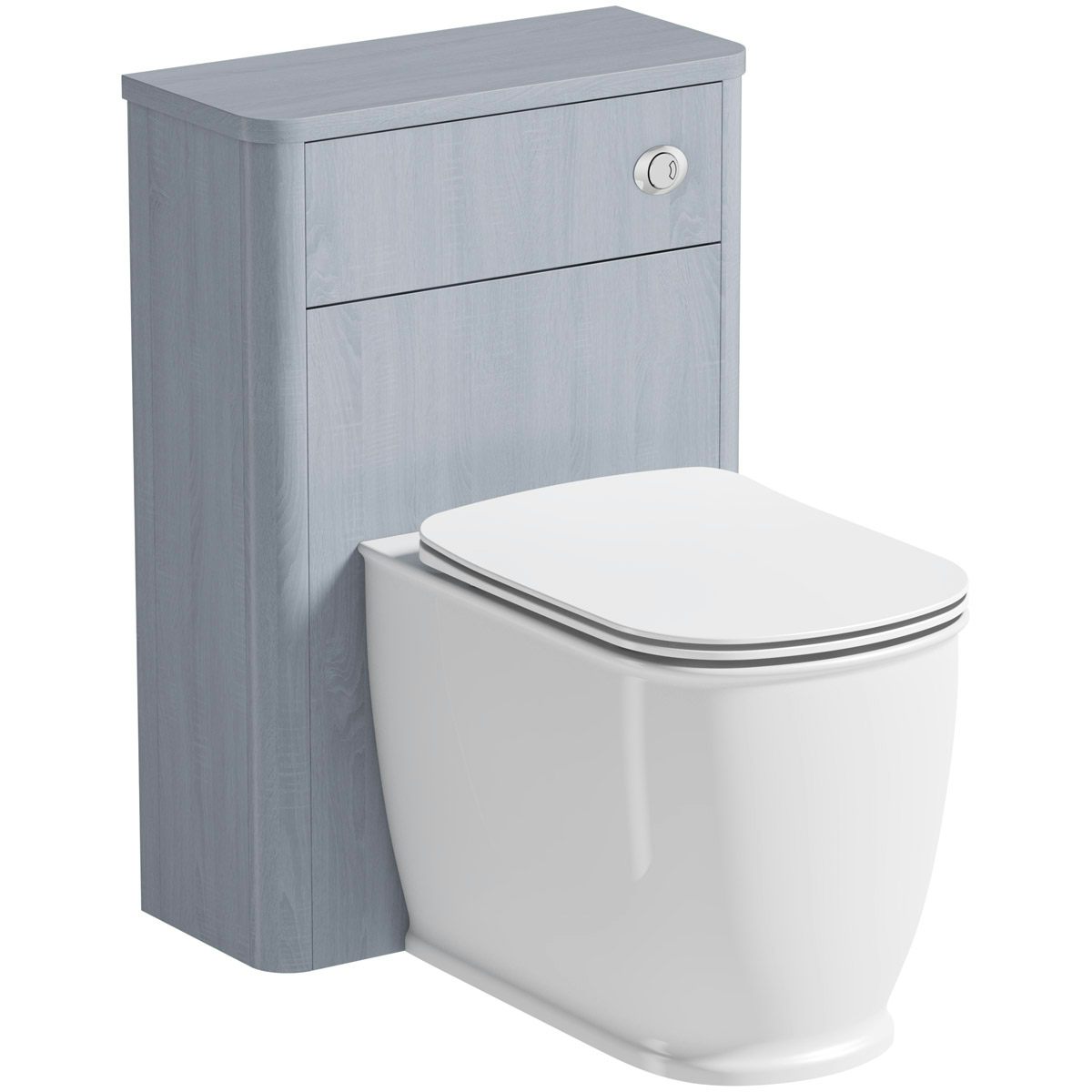The Bath Co. Beaumont powder blue back to wall unit and toilet with slim soft close seat