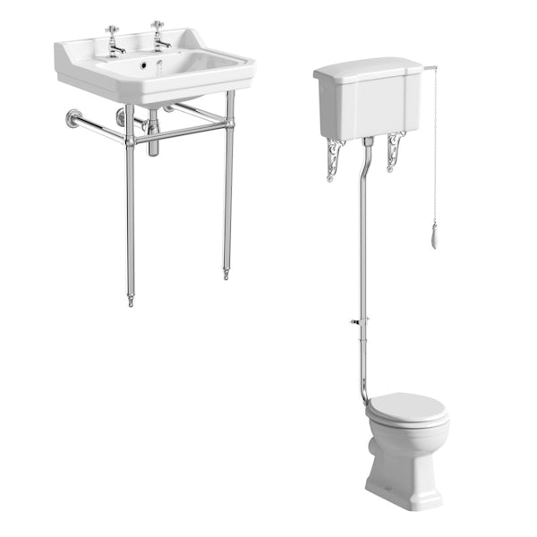 The Bath Co. Camberley cloakroom high level suite with white seat and washstand with basin