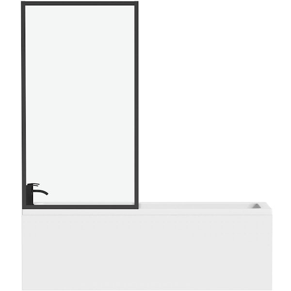 Orchard Eden single ended wide end straight bath with 6mm black framed bath screen 1700 x 750