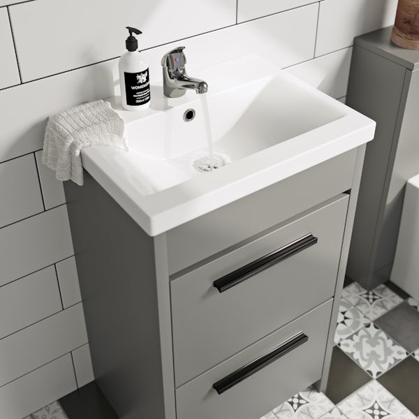 Clarity Compact satin grey floorstanding vanity unit with black handle and basin 410mm