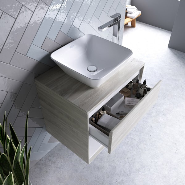 Ideal Standard Concept Air wood light grey and matt white countertop vanity unit and basin 600mm