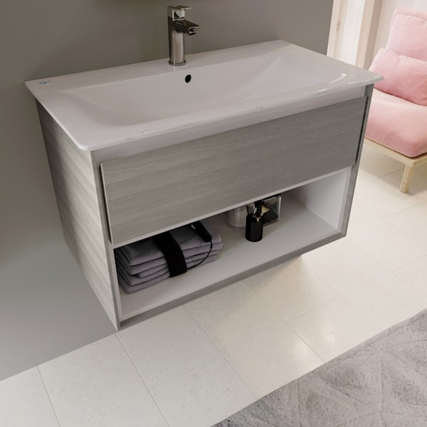 Ideal Standard Concept Air wood light grey and matt white open wall hung vanity unit and basin 800mm