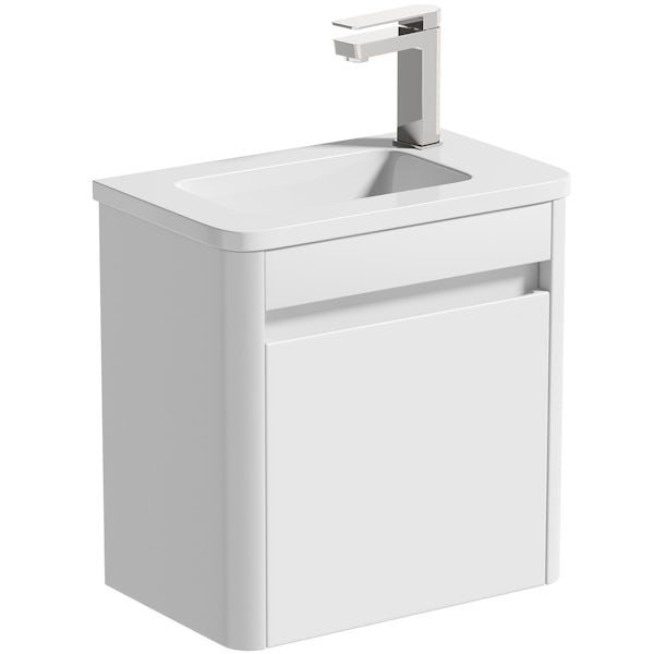 Mode De Gale white cloakroom wall hung vanity unit and right hand basin 410mm