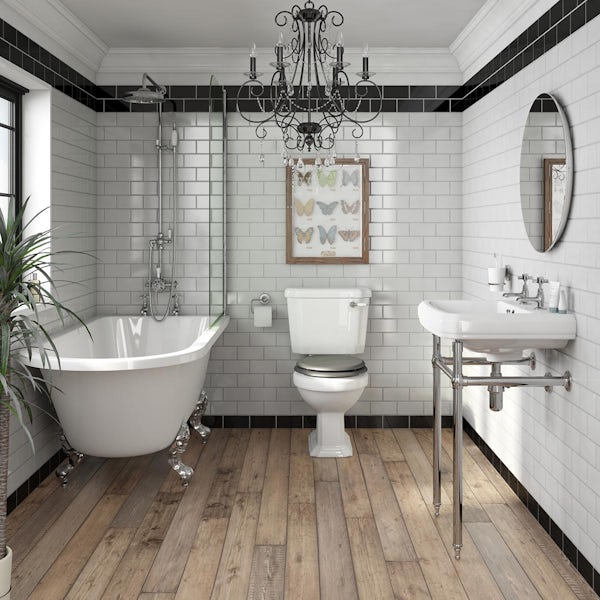 The Bath Co. Dulwich grey bathroom suite with freestanding shower bath