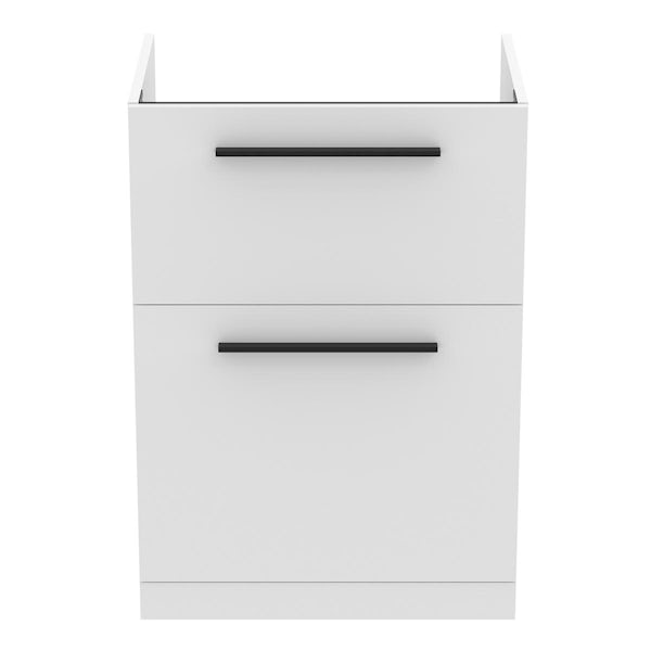 Ideal Standard i.life A matt white floorstanding vanity unit with 2 drawers and black handles 640mm