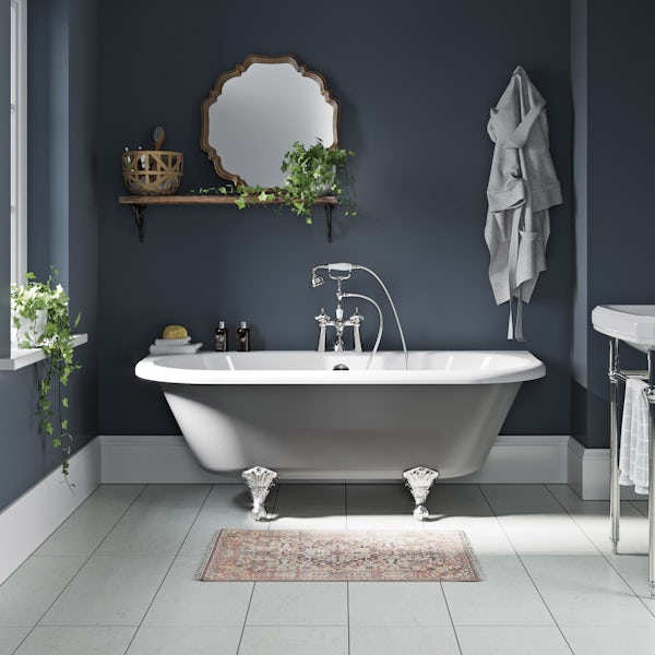 The Bath Co. Dulwich grey back to wall roll top bath with chrome ball and claw feet 1700 x 750