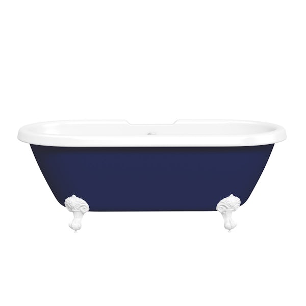 Navy blue coloured bath with tap and waste