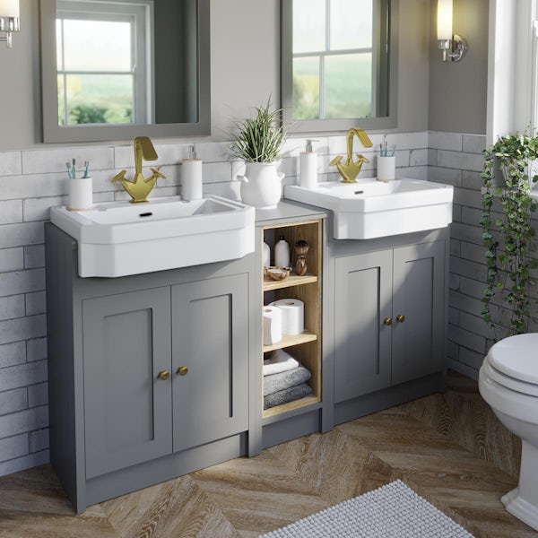 Orchard Dulwich stone grey floorstanding double vanity unit and Eton basin with open storage combination - brushed brass