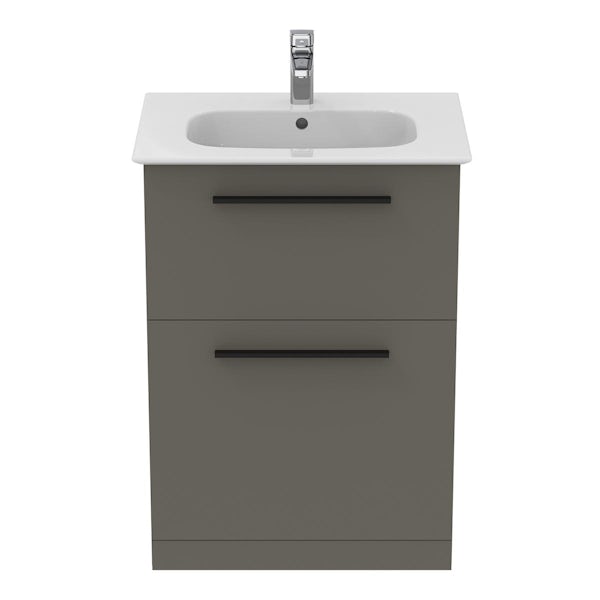 Ideal Standard i.life A quartz grey matt floorstanding vanity unit with 2 drawers and black handles 640mm