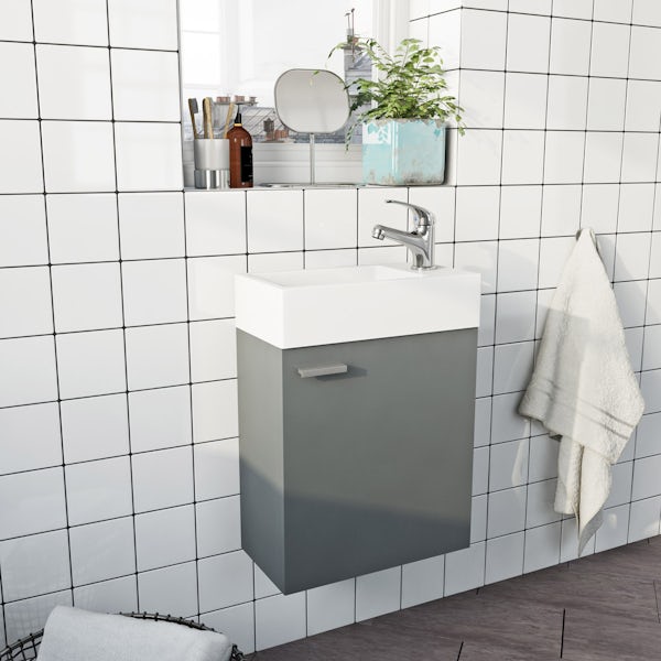 Clarity Compact satin grey wall hung cloakroom suite with contemporary close coupled toilet