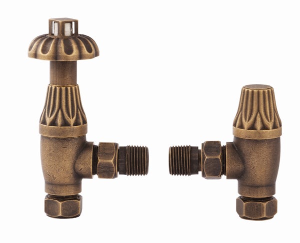 The Heating Co. Ornate thermostatic angled radiator valves with lockshield - antique brass