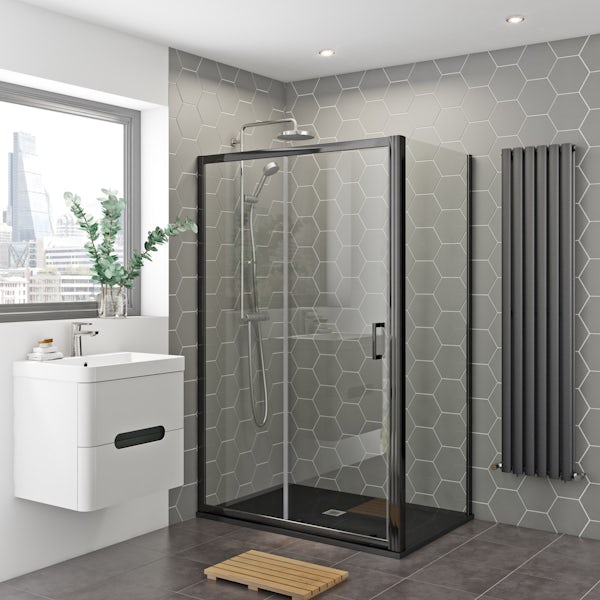 Mira and Mode black shower enclosure and slate effect tray bundle 1200 x 800 with Mira Agile mixer shower
