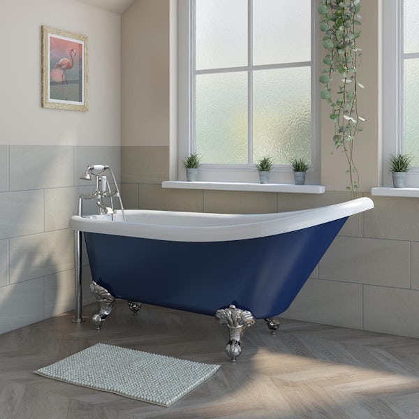 Orchard Dulwich navy single ended slipper bath and tap pack with chrome ball and claw feet