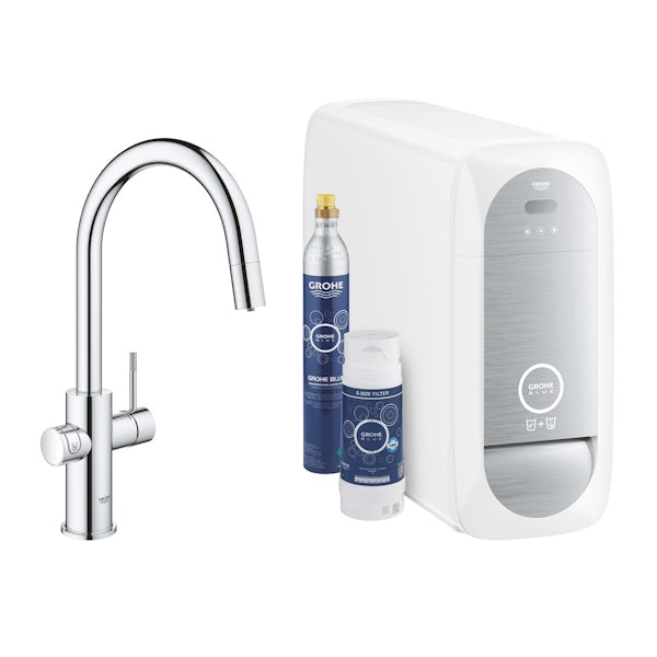 Grohe Blue Home Duo C spout kitchen tap starter kit with pull-out spray chrome