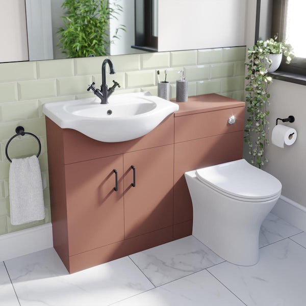 Orchard Lea tuscan red 1155mm combination with black handle and Derwent round back to wall toilet with seat