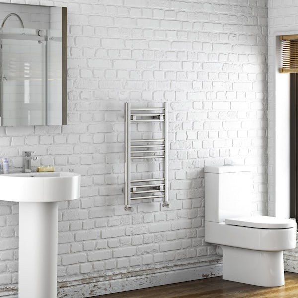 Orchard Eden white vanity unit and close coupled toilet suite with heated towel rail, mirror, tap and waste