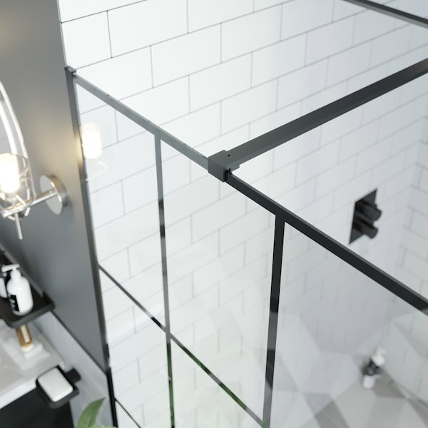 Mode 8mm black framed wet room panel with right handed 8mm black granite effect shower tray 1200 x 800