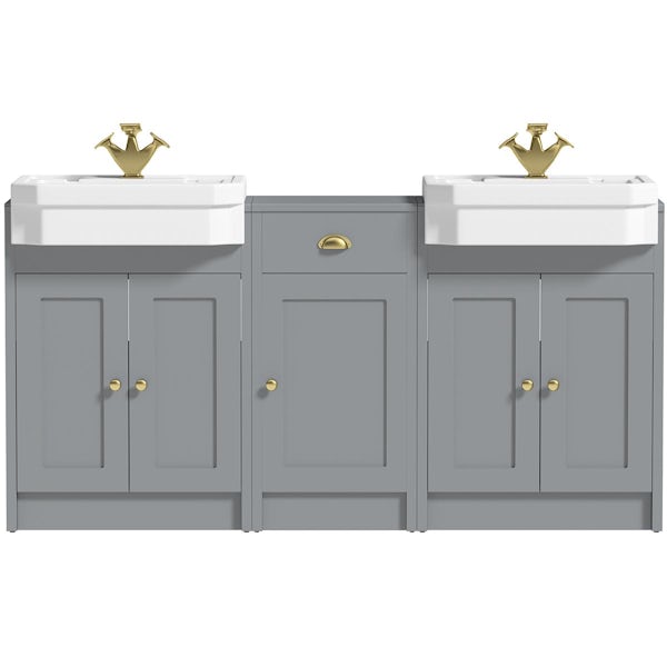 Orchard Dulwich stone grey floorstanding double vanity unit and Eton basin with storage combination - brushed brass