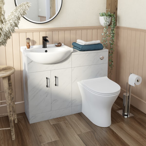 Orchard Lea marble furniture combination with black handle and Derwent round back to wall toilet with seat