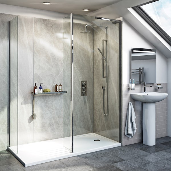 Mode 8mm spacious walk in right handed shower enclosure pack with return panel and walk in right handed tray