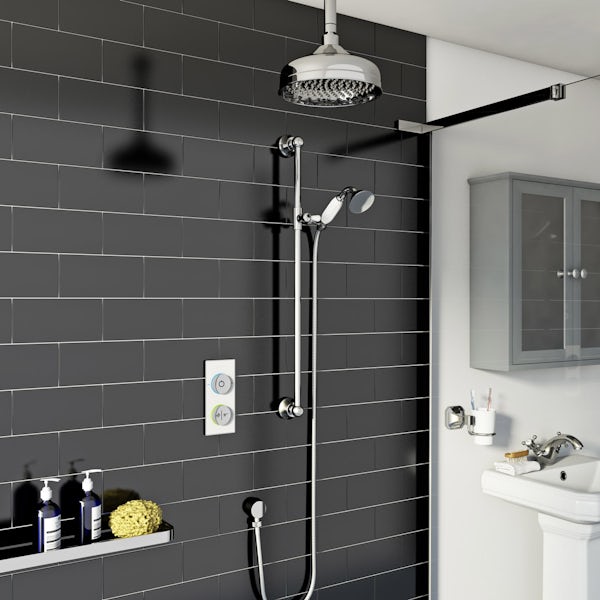 SmarTap white smart shower system with traditional slider rail and ceiling shower set