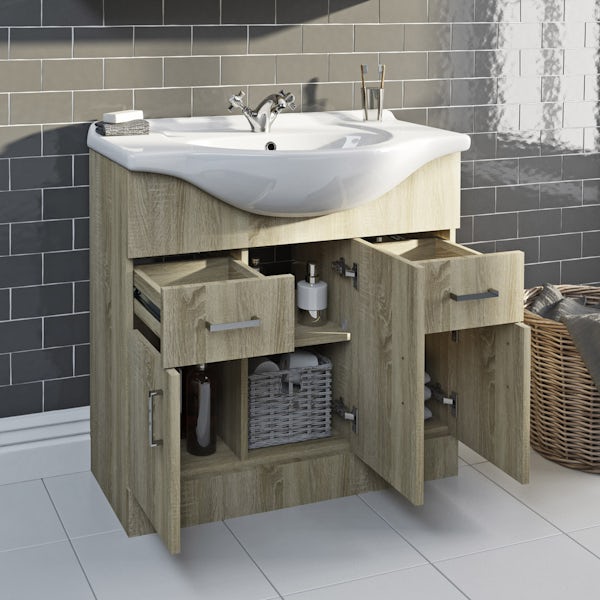 Orchard Eden oak vanity unit and ceramic basin 850mm with storage unit and linen basket