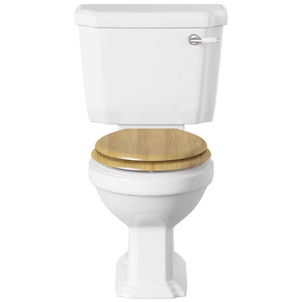 Dulwich close coupled toilet with wooden toilet seat oak effect with pan connector