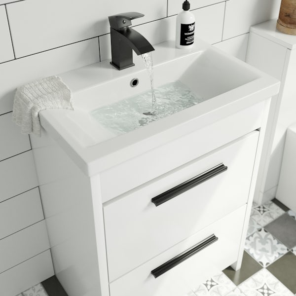 Clarity white floorstanding vanity unit and ceramic basin 600mm with tap and black handles