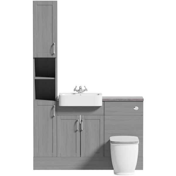 The Bath Co. Newbury dusk grey tall fitted furniture combination with mineral grey worktop