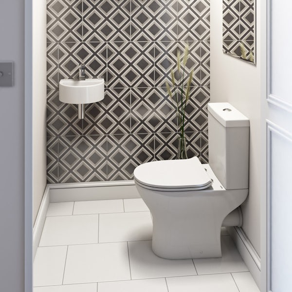 Orchard Compact cloakroom suite with contemporary wall hung basin, basin mixer tap and waste