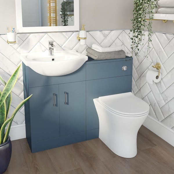Orchard Lea ocean blue furniture combination and Derwent round back to wall toilet with seat