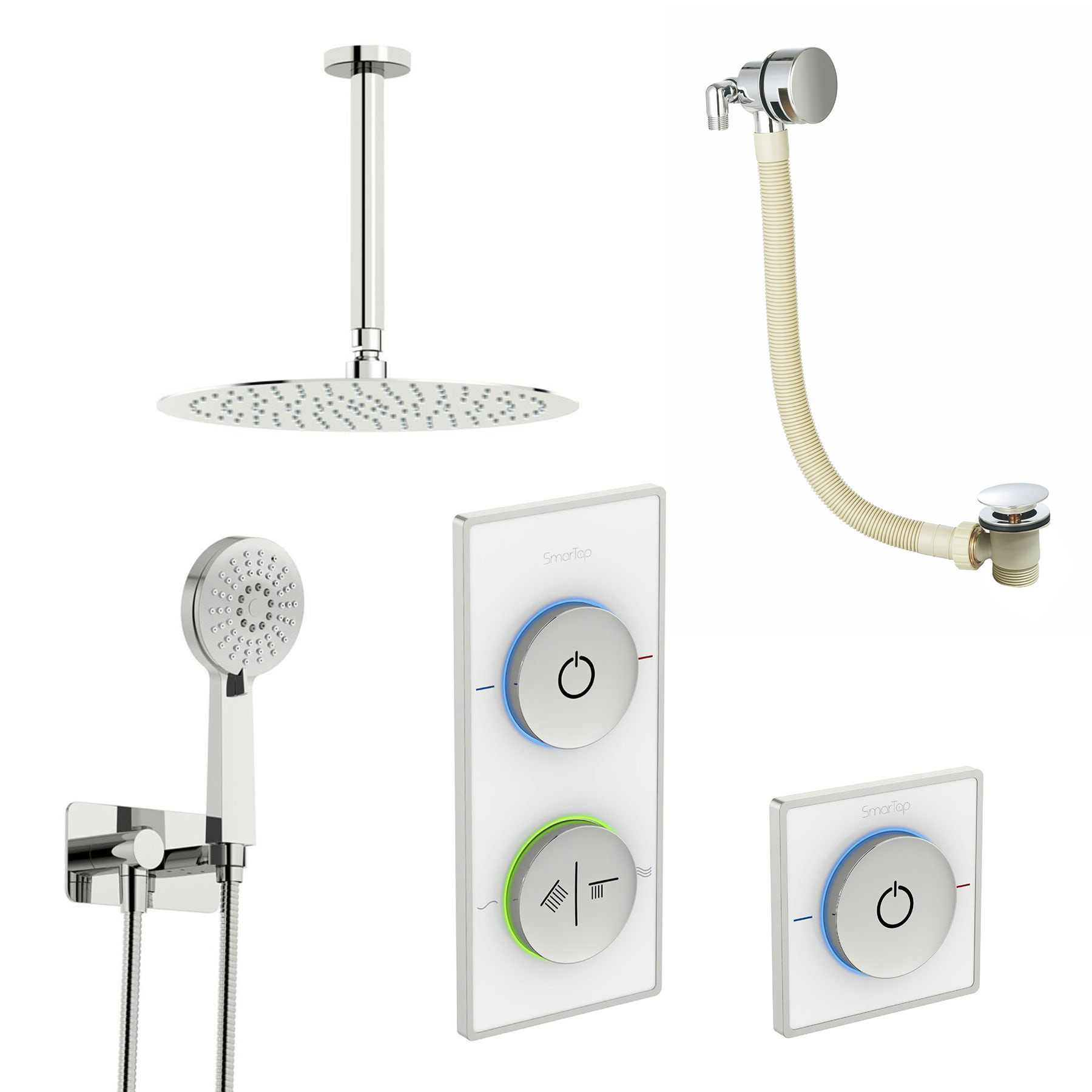 SmarTap white smart shower system with complete round ceiling shower outlet bath set