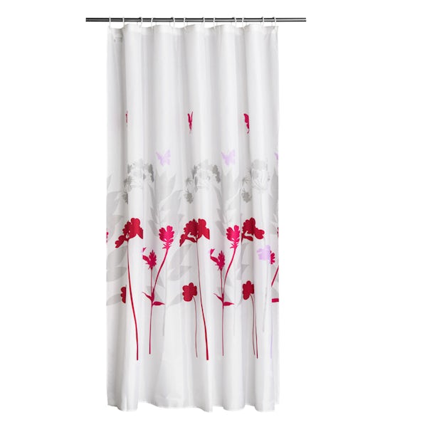 Floral white and pink polyester shower curtain