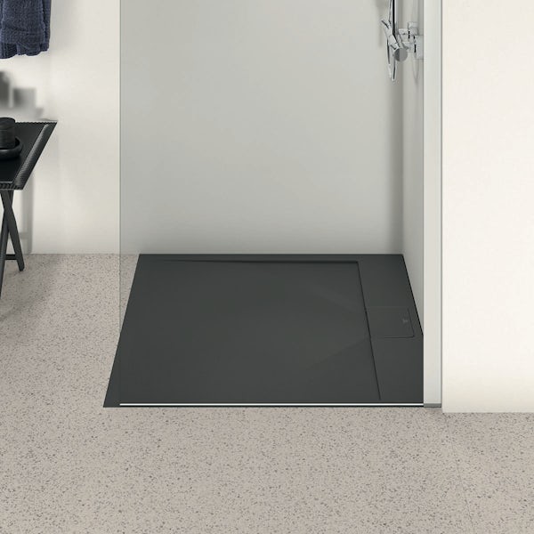 Ideal Standard i.life S Ultraflat 1200mm x 900mm rectangle shower tray in black with Idealite top access waste and trap