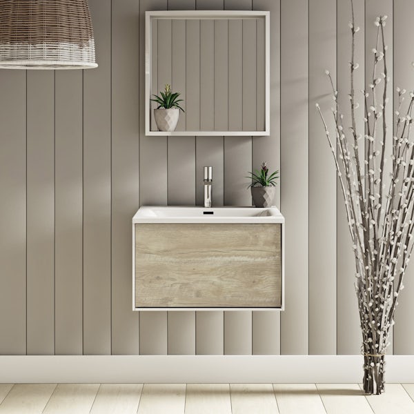 Mode Burton white & rustic oak wall hung vanity unit and basin 600mm with tap