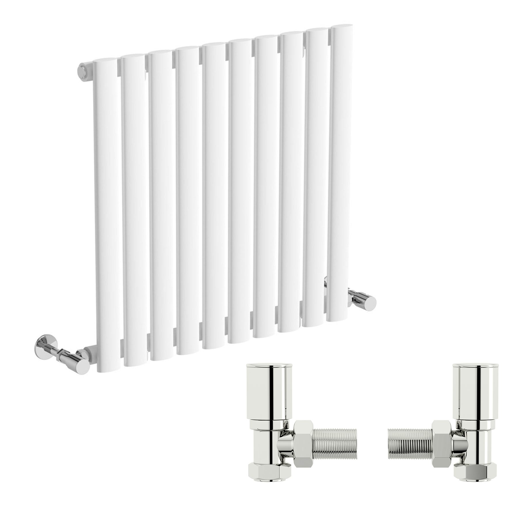 The Heating Co. Salvador white single horizontal radiator 600 x 600 with  angled valves